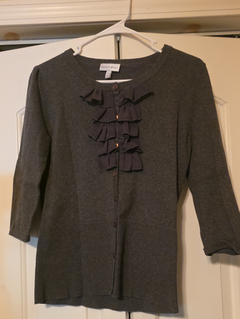 5/$25 Fashion Bug Dark Charcoal Gray Ruffle Front Cardigan